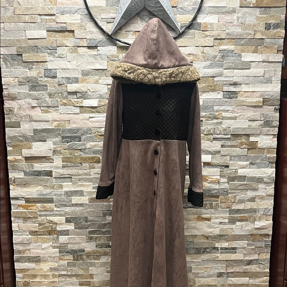 Sara Long Brown Hooded Coat with Faux Fur Trim